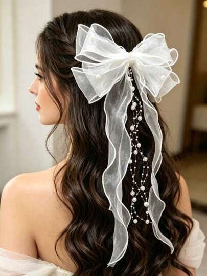 1 Pc Fashion Elegant Oversized Bow Gauze Pearl Tassel Duckbill Clip Hair Clip Bridal Veil Bridal Hair Accessories For Wedding Party Use