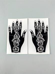 2件組花卉漩渦海娜手部紋身模板，左手與右手 Mehndi 貼紙模板，適用於婚禮、開齋節、派對身體彩繪，臨時紋身創作 - 黑色 - 查看 7