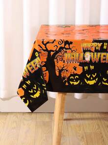 1pc Orange Halloween Table Cover 220x130cm Scary Haunted House Disposable Table Cloth Halloween Table Decor Trick Or Treat Halloween Party Supplies - Multicolor - View 8