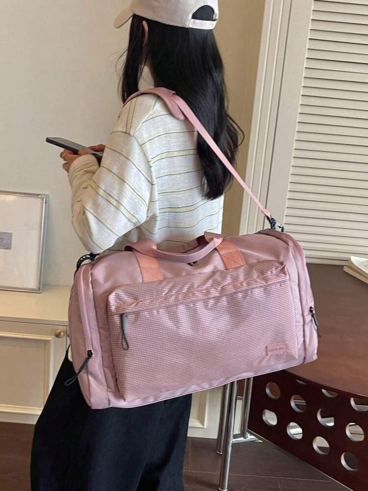 Solid Color Minimalist Lightweight Large Capacity Travel Bag With Zipper Closure, Casual Style Handheld Travel Bag For Short Trips, Sports, Fitness, Business Travel, Portable Shoulder Crossbody Large Bag, Versatile All-Match Luggage Bag - Pink - View 5
