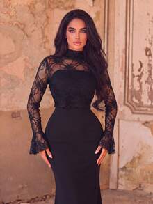 Elegant Black Long Mermaid Skirt With Contrasting Lace And Bell Sleeves, Romantic Round Neck Formal Gown - Black - View 3