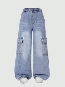 Tween Boy Fashion Casual Washed Cargo Denim Jeans - Blue - View 2