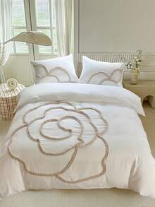 2/3pcs White Floral Tufted Polyester Duvet Cover Set, Simple Chic Pastoral Style Bedding Set Suitable For All Seasons (1 Duvet Cover + 1/2 Pillow Shams) - White - View 1