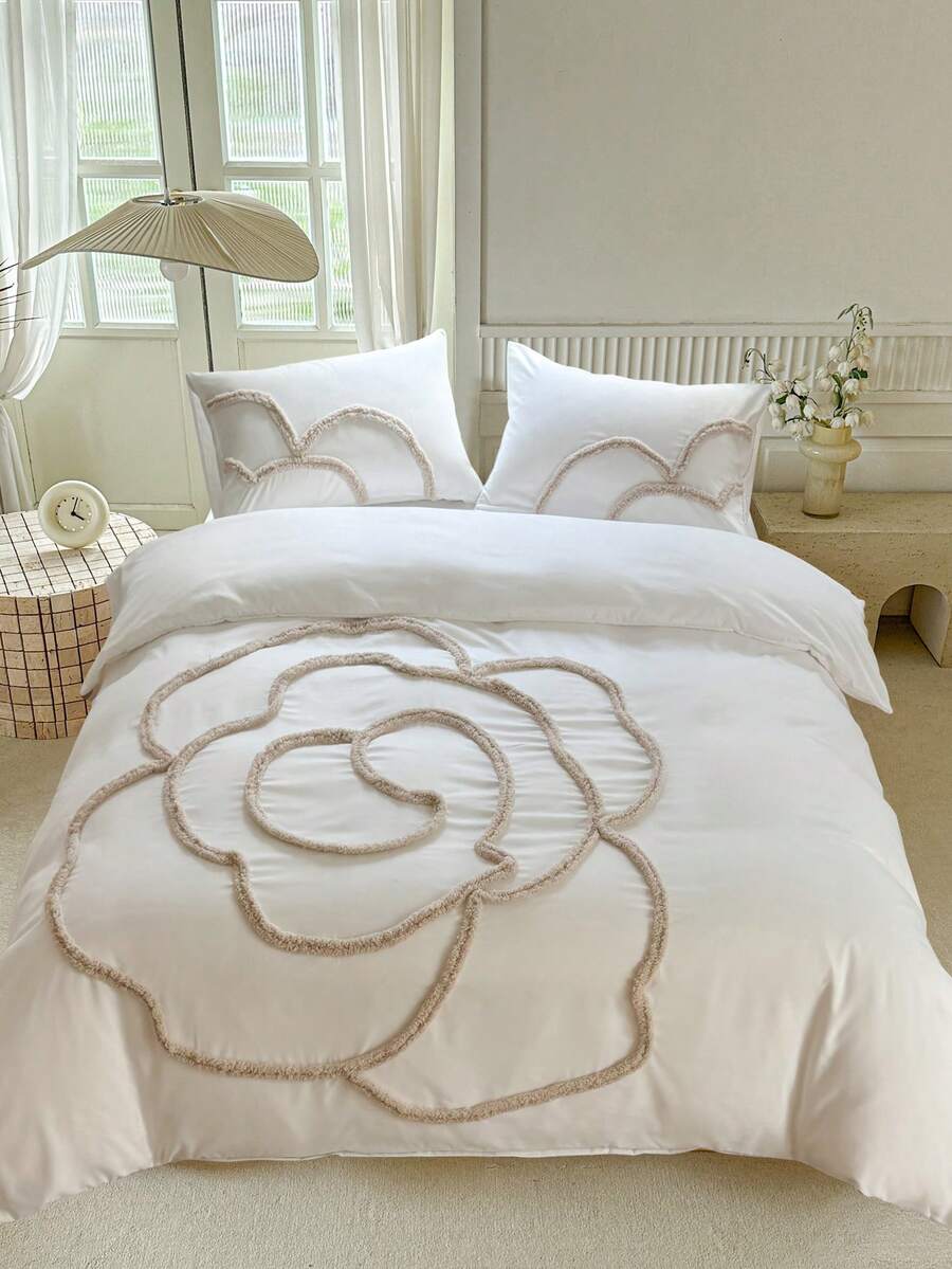 2/3pcs White Floral Tufted Polyester Duvet Cover Set, Simple Chic Pastoral Style Bedding Set Suitable For All Seasons (1 Duvet Cover + 1/2 Pillow Shams) - White - View 1