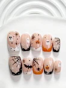 10pcs Halloween Theme Vintage Gothic Style Handmade Press-On Nails, Polygel Nail Art Set, Little Ghost Spider Web Pattern, White And Orange Nail Polish, Exquisite Style, Includes Nail Tools, 3 Sizes Available: Square, Short Square, Almond, Suitable For Parties, Balls, Daily Wear - Multicolor - View 12