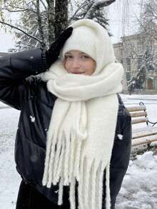1pc Women's Autumn/Winter Solid Color Tassel Faux Cashmere Scarf, Thickened Warm Dual-Use Shawl/Neck Warmer - White - View 7