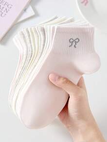 5雙女款可愛甜美透氣蝴蝶結圖案短隱形船襪，短襪與踝襪，白色襪子、粉色襪子，學院風，適合日常休閒穿著，適用春夏秋冬 - 彩色 - 查看 4