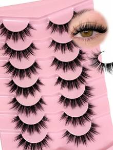 7 Pairs Strip Lashes Natural Fluffy False Eyelashes Curled Spikes Clear Band Fake Lashes Wispy Reusable Cat Eye Lashes Easy To Wear Beginner-Friendly Suitable For Daily Outings And Gatherings - View 2