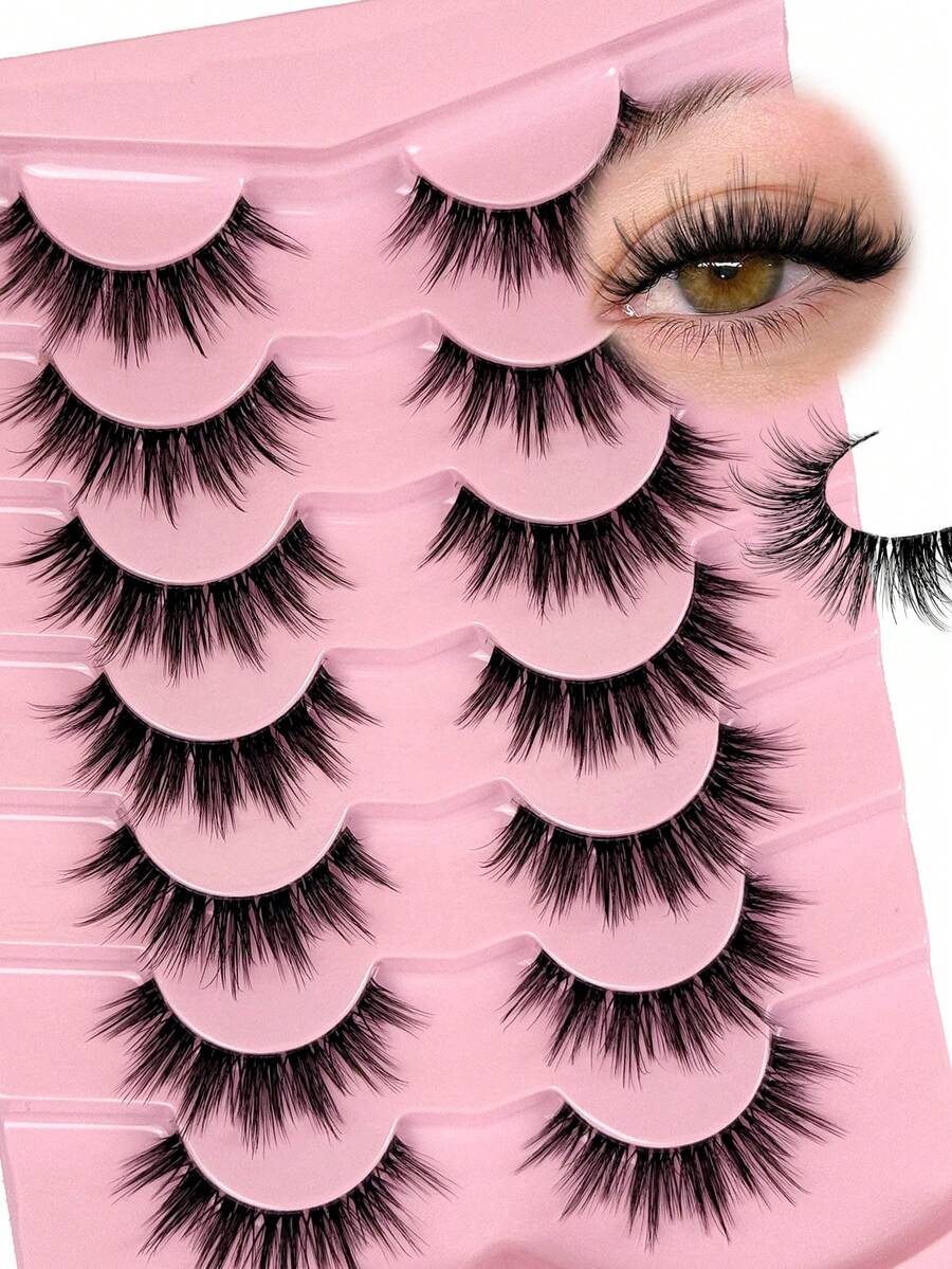 7 Pairs Strip Lashes Natural Fluffy False Eyelashes Curled Spikes Clear Band Fake Lashes Wispy Reusable Cat Eye Lashes Easy To Wear Beginner-Friendly Suitable For Daily Outings And Gatherings