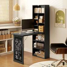 Opklapbaar computerbureau met boekenkast, werkblad, schoolbord en verstelbare plank, 98x51x153 cm, zwart - A - Bekijken 10