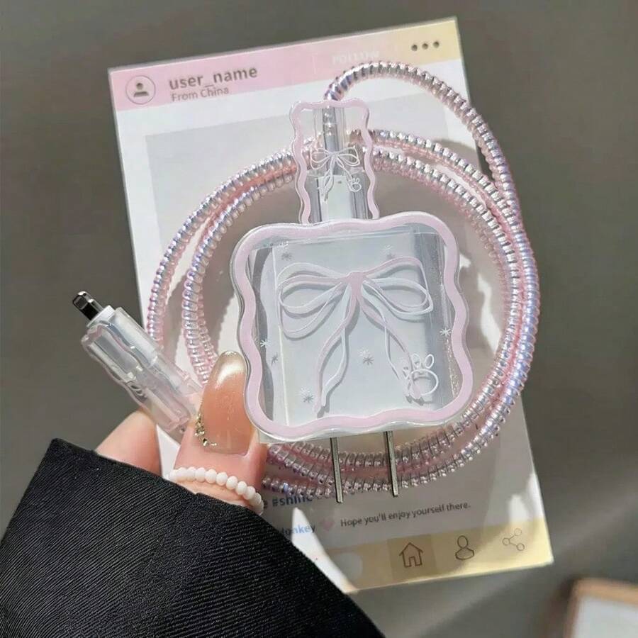 Pelindung Charger Bentuk Pita Lucu 18W/20W, Pelindung Kabel Data Anti-Patah, Kompatibel dengan Kepala Pengisian Cepat Apple - Baby Pink - View 1