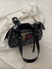 New Vintage Fashion Faux PU Leather Crescent Bag, Metal Belt Buckle, Y2K Style Rivet Decor, Zipper Closure, Lightweight Minimalist, Small Capacity Soft Texture Shoulder Underarm Bag, Suitable For Women's Daily Life, Casual, Commute, Work, Vacation And Student Use - Black - View 6