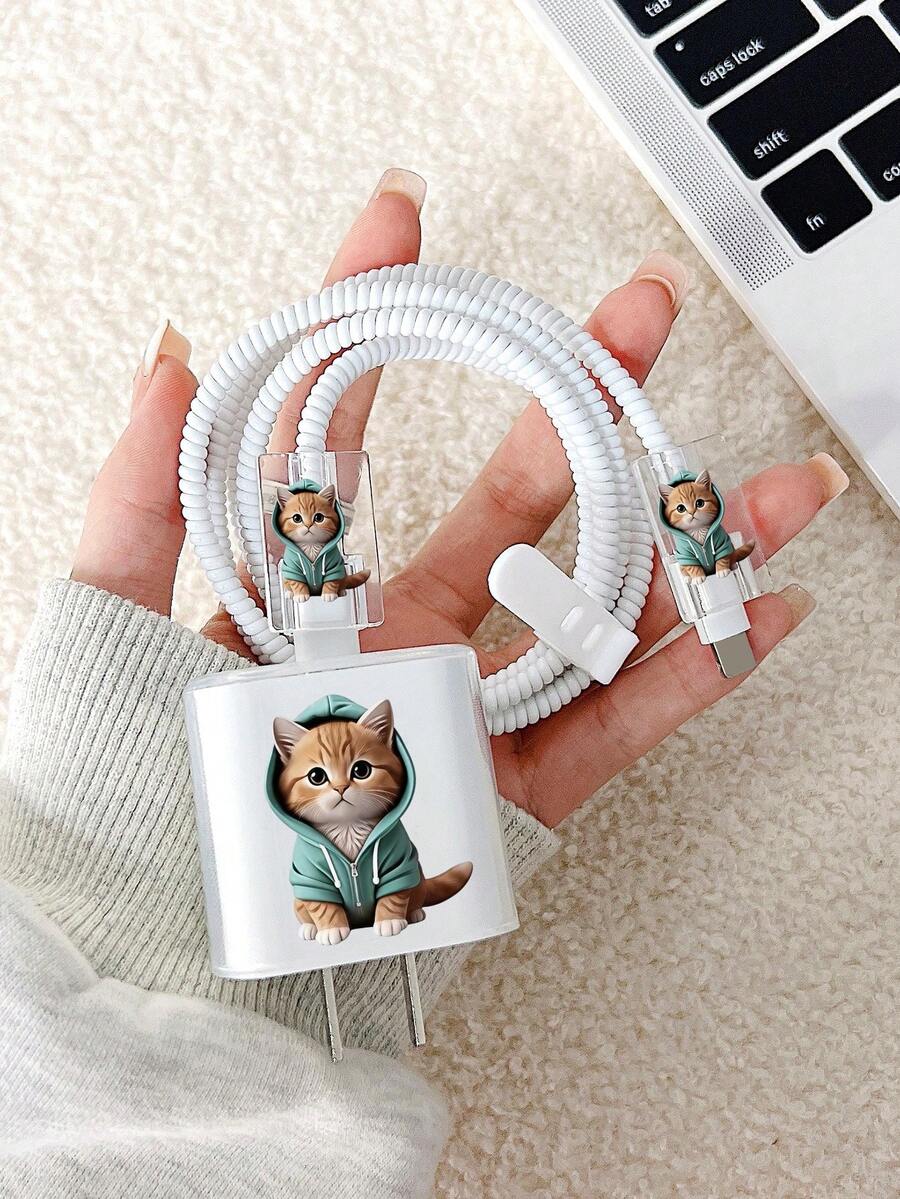 Cat Data Cable Storage Protection Set, Suitable Compatible With Apple/18W20W Mobile Phone Charging Cable Fixed Clip Protection Case, Data Cable Anti Breakage, Cute Cat Data Cable Protection Case - Multicolor - View 1