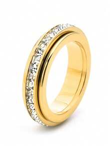 1pc Stainless Steel Rotatable Double Circle Square Diamond "Time Flies" Ring, Constellation Couple Ring, Suitable For Daily Wear & Stress Relief - Multicolor - View 4