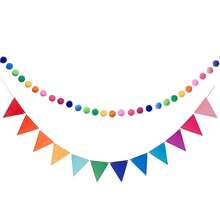 1 Set Rainbow Felt Banner With Pom Poms And Flower Balls, Felt Triangle Flags Party Decoration Hanging Banner, Suitable For Garden, Office, Classroom Wall Hanging, Birthday Home Party Decoration Colorful Flags - View 10