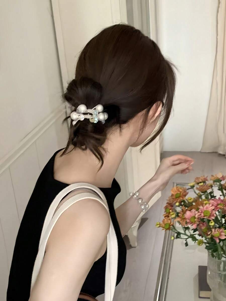 1pc Exquisite Pearl & Rhinestone Small Elastic Hair Tie, High Elasticity Hair Band, Premium Ponytail Hair Rope, Elegant Accessory For Women - Multicolor - View 1