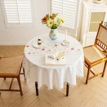 Bestickte runde Tischdecke, Blumenmuster Staubschutz Tischdecke, für Küche, Esszimmer, Party, Geburtstags Tischdekoration - Rot - Übersicht 3