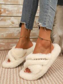 Elegant Rhinestone Cross Strap Plush Slippers For Women, Thick Sole Soft Indoor Outdoor Open Toe Warm Fuzzy Slippers - White - View 2