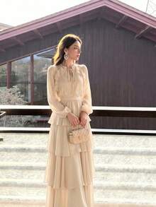 Women's New Solid Color Elegant Small Stand Collar Long Sleeve Tiered Ruffle Design Fashion Luxury Slimming Waist Flared Dress - Apricot - View 6
