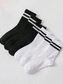 1/5/10 Pairs Black & White Striped Breathable Comfortable Socks, Unisex, Essential For Teens Sports And Back To School - Black and White - View 22