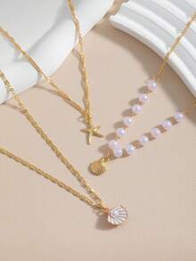 3pcs/Set Summer Fashion Bohemian Style Colorful Faux Pearl Shell Pendant Women's Multi-Layer Layered Necklace Set, Suitable For Beach Vacation, Travel - Multicolor - View 3