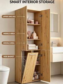 Freestanding Bathroom Cabinet, Large‑Capacity Storage Cupboard, Particle‑Board Multi‑Door Cabinet With Shelves & Built‑In Laundry Hamper, Upright Home Organizer, Practical Furniture For Rental Houses, Small Apartments And Dormitories - Multicolor - View 5