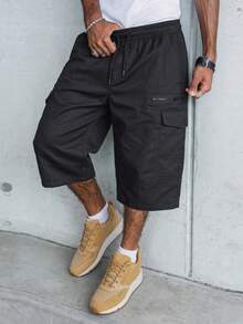 1pc Men's Sports Minimalist Style Multi-Pocket Zipper Drawstring Loose Casual Capri Length Shorts - Black - View 4