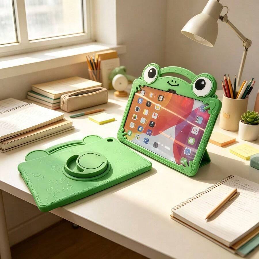 Thick Full Coverage Shockproof Anti-Drop Silicone Tablet Protective Case | Cute Frog Highly Attractive Protective Case, Suitable For Student Classroom Learning, Home Movie Entertainment And Outdoor Carrying Anti-Collision, Compatible With All Series, Compatible With Samsung, Compatible With Redmi And Various 11-Inch Tablets - Green - View 1