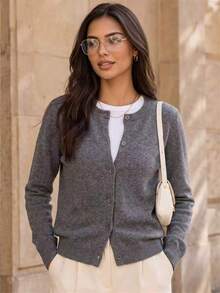 Women's Gray Casual Cardigan Round Neck Single-Breasted Knit Sweater,Fall/Winter,School,Teacher Work Tops,Office Wear,Basic Tops,Button Up - رمادي غامق - مشاهدة 1