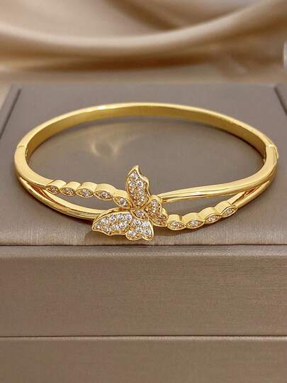 1 pieza Elegante conjunto de pulsera de mariposa de doble capa para mujeres, pulsera de cobre dorado para uso diario, fiesta, San Valentín, Navidad, regalos de joyería