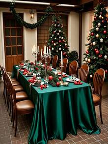 1pc Christmas Deep Green Satin Rectangular Tablecloth, Glossy Silk Fabric, Smooth Texture, Washable, Suitable For Wedding Banquet, Birthday Party, Dinner, Anniversary Table - Multicolor - View 7