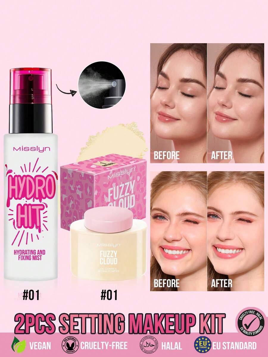 MISSLYN 2PCS Setting Makeup Kit, Fixing Mist & Loose Setting Powder Duo, Hydrating Glow & Soft Matte Finish, Oil Control Face Powder, Smooth Blendable Texture, Flawless Complexion, Lightweight Long Wear Makeup, Daily Wear, Party & Y2K Looks, BestGift - #01+#1 - View 1