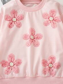 Girls' Casual Fashion 3D Plush Flower & Pearl Decor Long Sleeve Sweatshirt And Slim Fit Pants 2 Pieces Set, Autumn/Winter - Pink - View 5