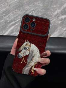 1pc New Vintage Red Plaid & White Horse Pattern Phone Case, Faux Leather Texture, Shockproof Protective Soft Shell For IPhone 17/17Pro/17ProMax/16/16Pro/16ProMax/16Plus/15/15Plus/15Pro/15ProMax/14/14Plus/14Pro/14ProMax/13/13Pro/13ProMax/12/12Pro/12ProMax/11/11ProMax - Multicolor - View 2