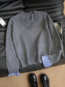 Autumn/Winter Korean Style 2 In 1 Plaid Patchwork Knit Sweater Women's Design V-Neck Embroidered Loose Slouchy Colorblock Pullover - Grey - View 6