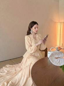 Women's New Solid Color Elegant Small Stand Collar Long Sleeve Tiered Ruffle Design Fashion Luxury Slimming Waist Flared Dress - Apricot - View 5