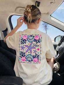 Girls Summer "Ocean Season" Starfish & Shell Print T-Shirt, Casual Round Neck Beach Style Short Sleeve Top - Apricot - View 1