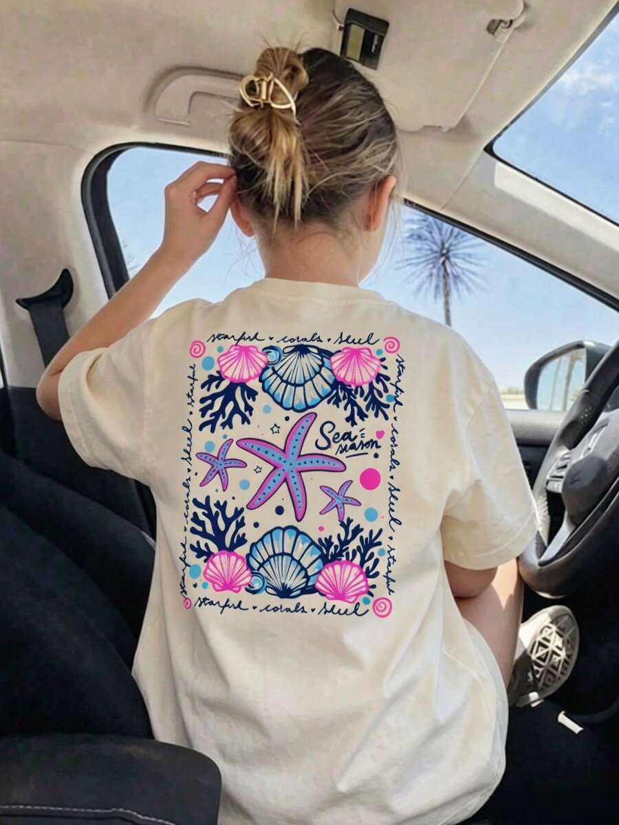 Girls Summer "Ocean Season" Starfish & Shell Print T-Shirt, Casual Round Neck Beach Style Short Sleeve Top - Apricot - View 1