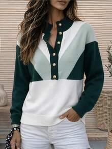 SEREN Women's New Colorblock Patchwork Mock Neck Knit Sweater, Autumn/Winter Vintage Long Sleeve Pullover, Casual Wear - Multicolor - View 6