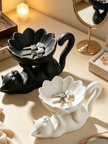 Minimalist Lying Cat Lotus Jewelry Tray, Four Paw Cat Jewelry Storage Tray, Small Item Storage Organizer, Jewelry Storage, Multi-Purpose Desktop Decor, Suitable For Jewelry, Keys, Wireless Earphones, Storage, Suitable For Placing Miscellaneous Home Decor, Commemorative Gift, Birthday Gift - Multicolor - View 1