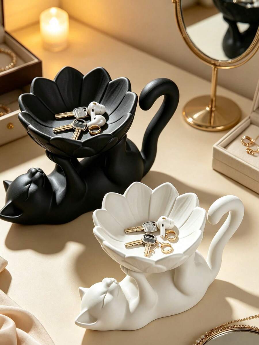 Minimalist Lying Cat Lotus Jewelry Tray, Four Paw Cat Jewelry Storage Tray, Small Item Storage Organizer, Jewelry Storage, Multi-Purpose Desktop Decor, Suitable For Jewelry, Keys, Wireless Earphones, Storage, Suitable For Placing Miscellaneous Home Decor, Commemorative Gift, Birthday Gift - Multicolor - View 1