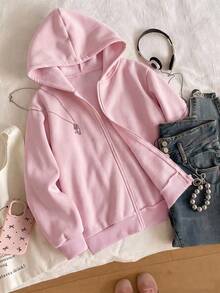1pc Tween Girl Tween Girl Autumn/Winter Solid Color Zip-Up Hooded Sweatshirt Jacket, Loose Cute Sweet Casual Versatile Outerwear Top - Pink - View 2