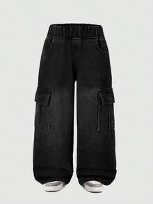 Straight Leg Fashion Casual Denim Jeans, Suitable For Boys, Street Style - Black - View 2