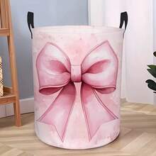 1pc Soft Pink Watercolor Bow Print Foldable Laundry Basket With Handles, Large Capacity Storage Bin For Bedroom Clothes Toys Organizer, Cute Home Storage Container - Pink - View 1