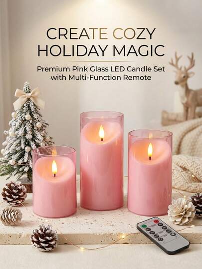3pcs Luxury Pink Acrylic Beveled Edge Faux Candles, Dynamic Bullet Wick Soft Warm Light Constant On, No Open Flame Home Safety Decor, Suitable For Christmas Decor, Halloween Party, Valentine's Candlelight Dinner, Thanksgiving Family Feast, Wedding Ceremony, Birthday Celebration, Easter, Store Window Display