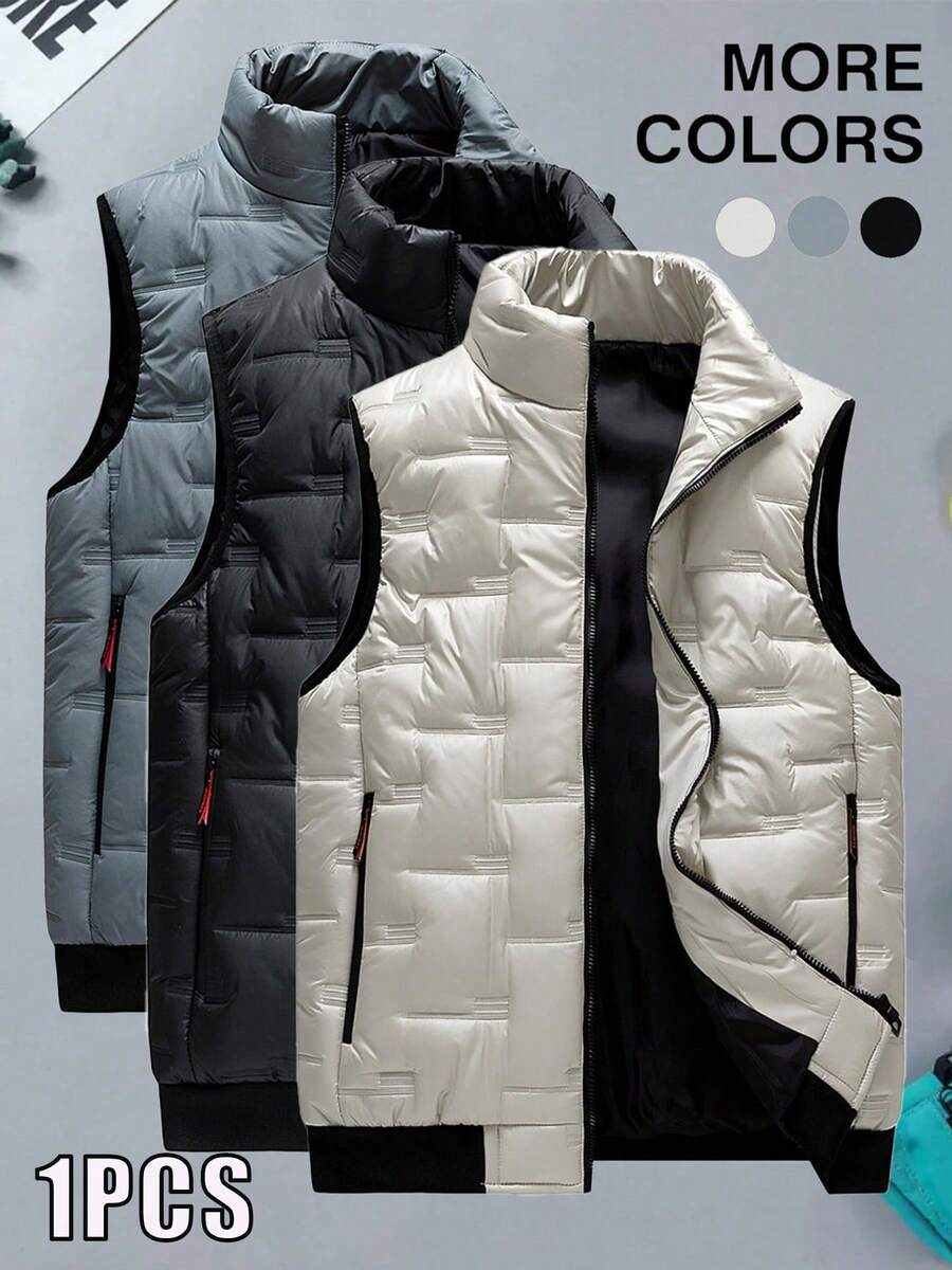 Autumn/Winter Solid Color Stand Collar Thickened Warm Zipper Embossed Vest Men's Casual Outdoor Versatile Sleeveless Jacket Couple Style Sports Fall - Khaki - View 1