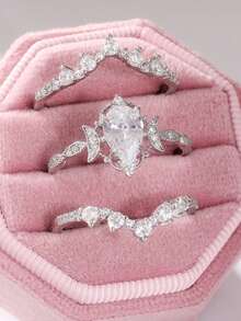 3pcs Set Exquisite Luxury Sparkling Teardrop Shaped Women's Rings, Suitable For Various Occasions, Ideal Holiday Gift - Silver - View 12