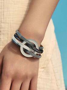 Gelang Kulit PU Multilayer, Gelang Manset Pergelangan Tangan dengan Gesper Magnet Lingkaran Berongga - Gelang kulit bundar berongga - View 17