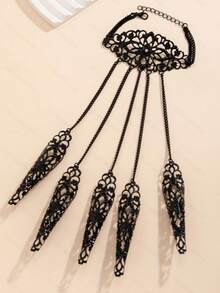 Punk Gothic Exaggerated Fingerless Bracelet With Hollow Cone Tassel Studs And Hand Chain - Black - View 2