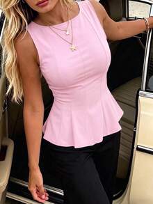1pc Solid Color Ruffled Hem Knit Top, Casual Summer Wear Pink - Pink - View 6